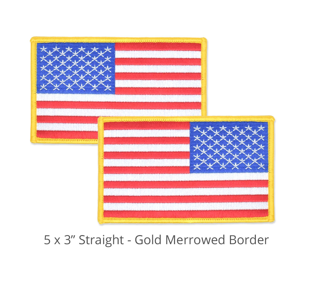 Pack of 5) AMERICAN FLAG PATCH embroidered iron-on GOLD BORDER USA